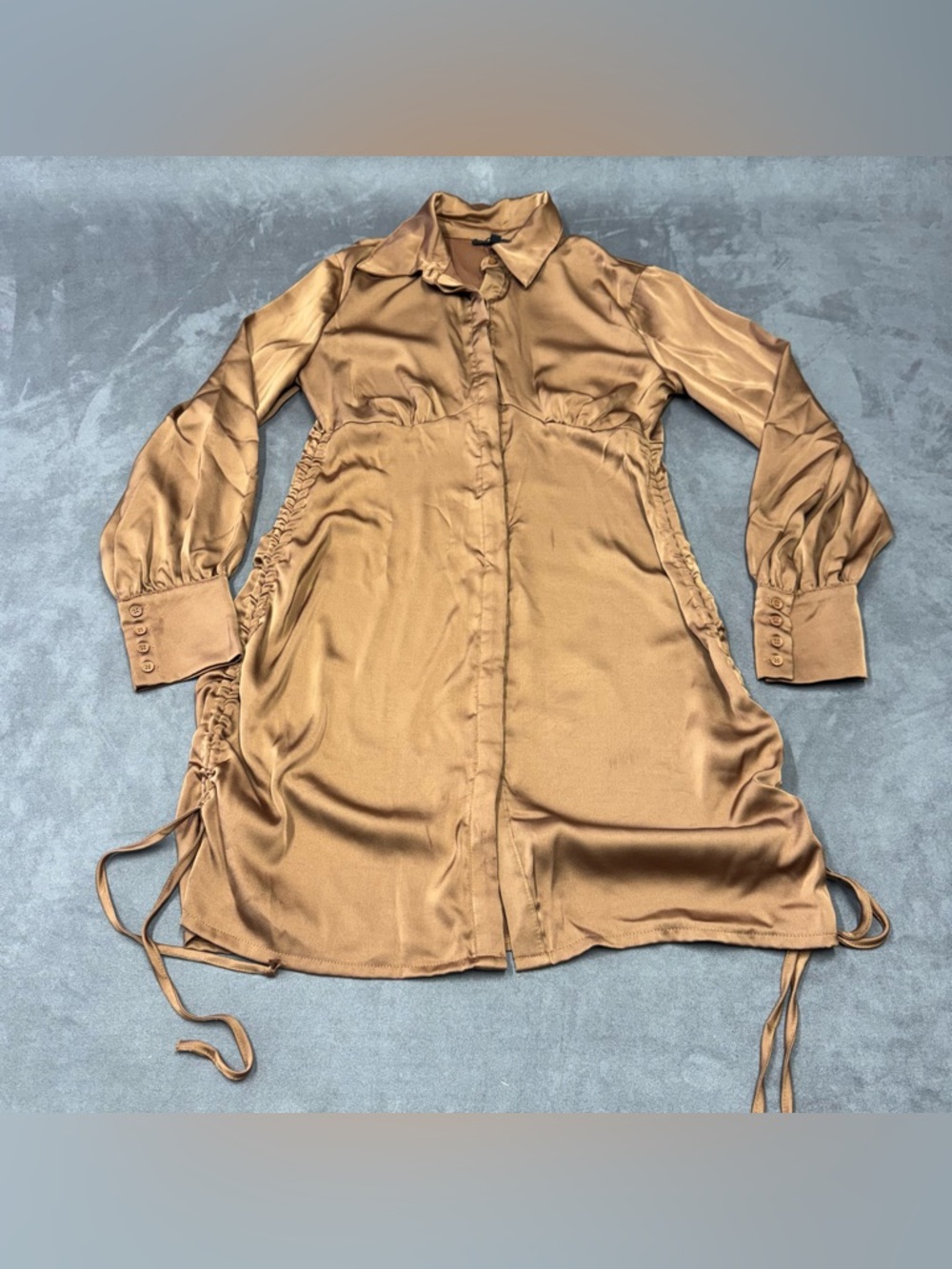 Papermoon Satin Tunic Copper Brown long sleeve button down dress ruched side M